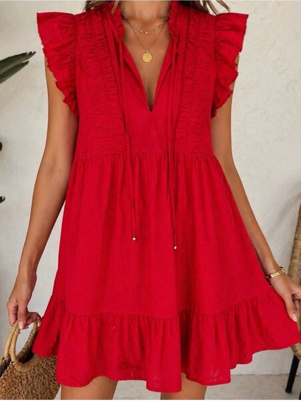 Caroline Constas Dress S Red Ruffle Tiered Cotton Babydoll Mini Resort